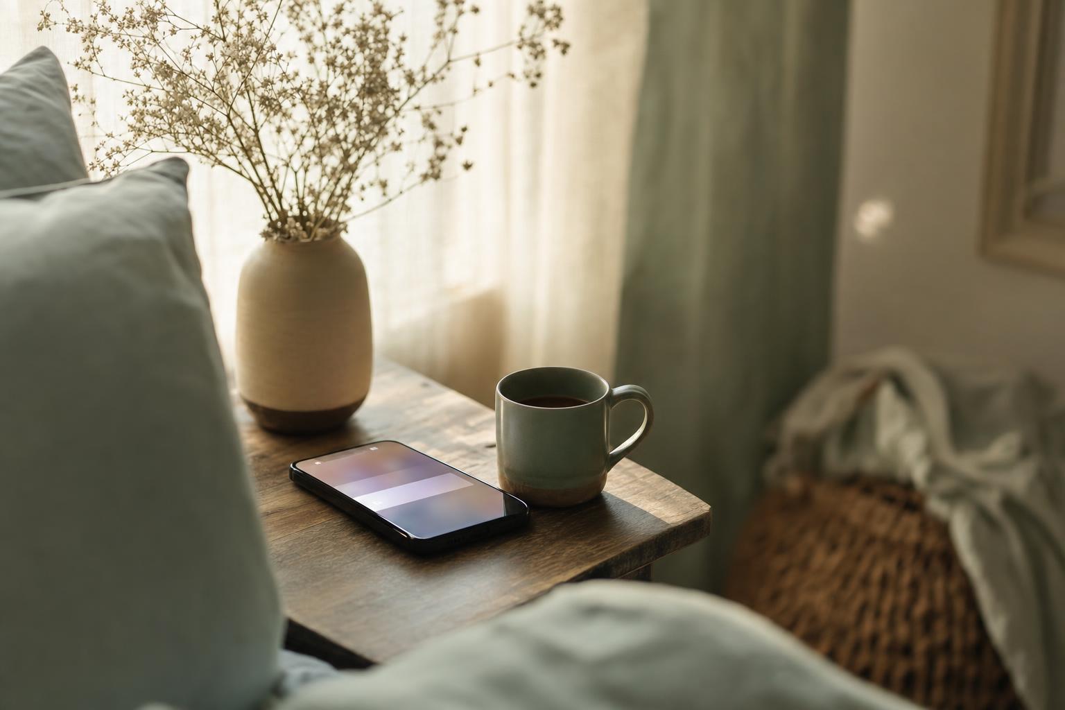 Celular brilhando com uma notificação de venda ao amanhecer