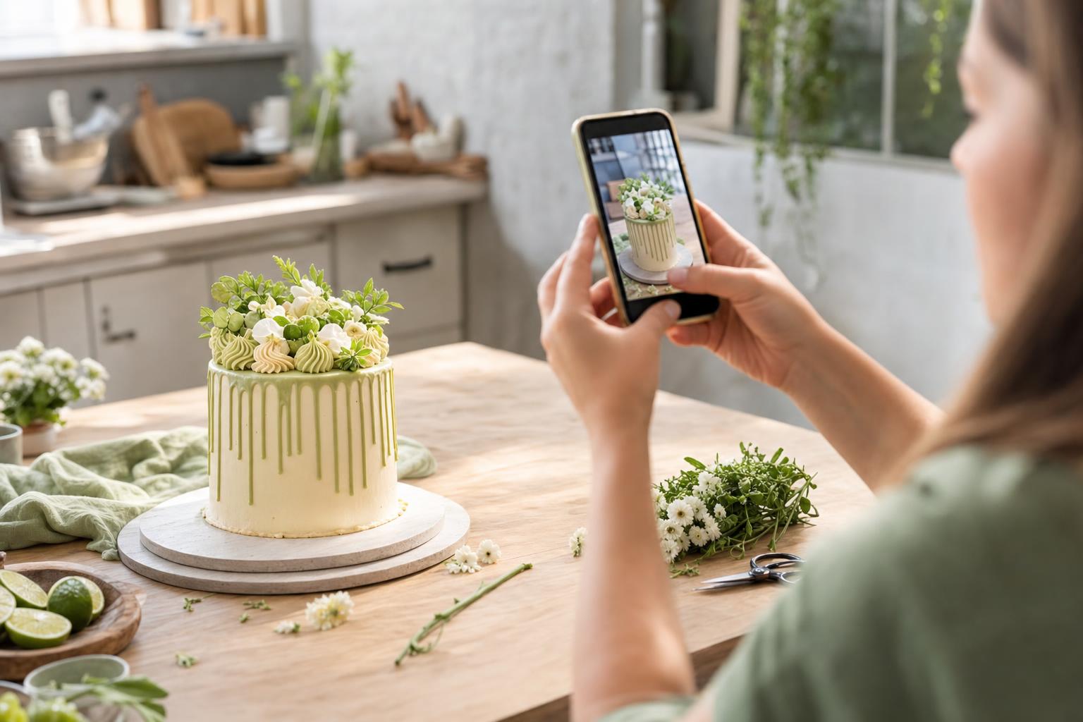 Confeiteira fotografando um bolo para a loja dela